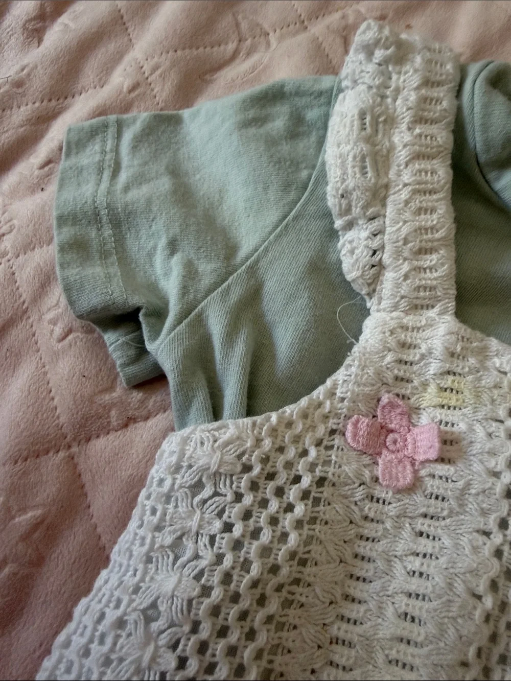 White Crochet Floral Romper with Mint Tee 9-12months